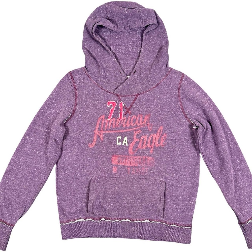 American Eagle Hoodie Womens L Purple Distressed Logo Graphic Indie Sleaze Y2K